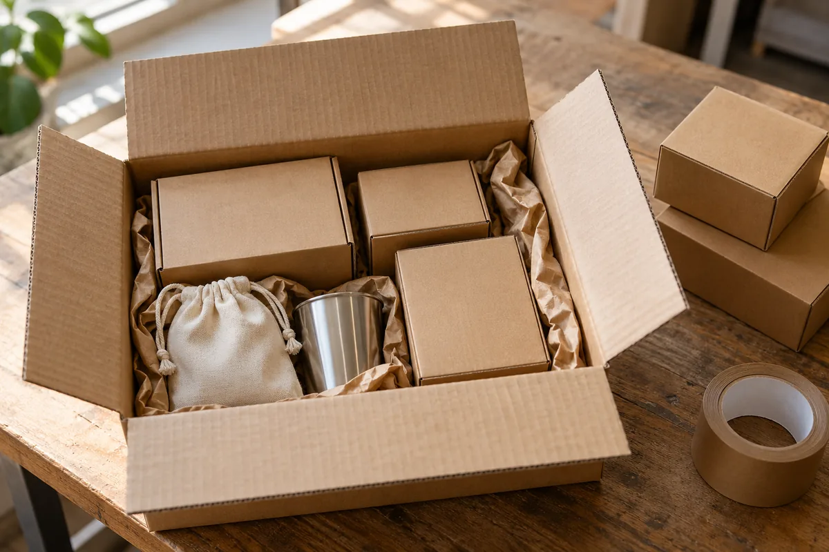 Small plain cartons, a cotton pouch and a stainless-steel cup cushioned inside an open shipping box.